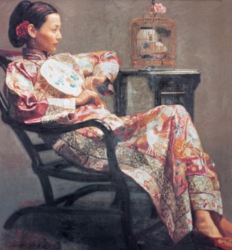 150の主題の芸術作品 Painting - バラと鳥の女の子 Juanjuan 中国人の Chen Yifei という名前